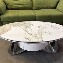 47.2'' Oval Modern Coffee Table Luxury Faux Marble Top Stainless Steel Base