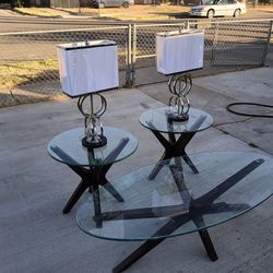 Santa Fe Five Piece Bevel Thick Glass Chrome Plated Lamp Set Living Room Table Set Only