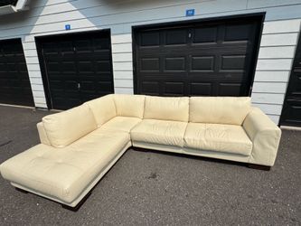 Large Cream Leather Sectional Sofa w/ Chaise