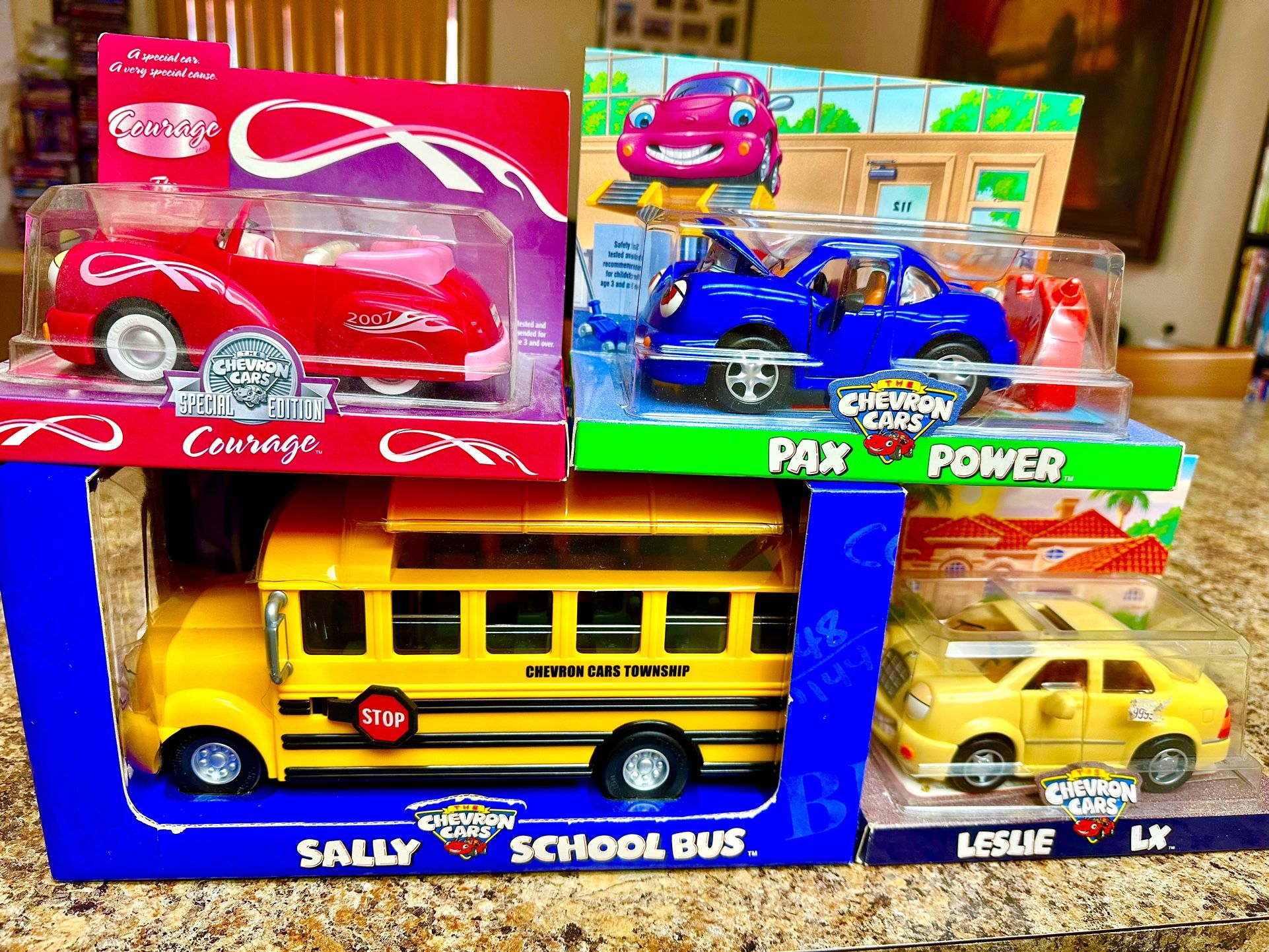 Chevron Sally School Bus & Three Car Collection (Brand New