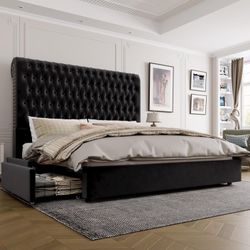 Queen Size Bed Frame 54" Tall Headboard with Gorgeous Button Tufted and Nail, Velvet Fabric Upholstered Bed Frame includes 4 Under-bed Storage Drawers