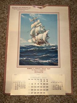 vintage 1947 advertising calendar for Monarch Life Insurance Company featuring a nautical clipper ship painting.