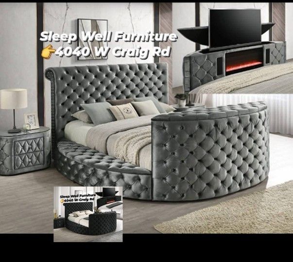 🙋‍♂️ Queen Light Up Fireplace TV Pop-Up -Bed-frame👉 -Furniture💲SALE 