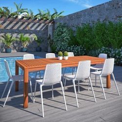 Brand New 9 Piece Rectangular Table With Stackable White Chairs Patio Dining Set | Ideal Furniture Set For Outdoor