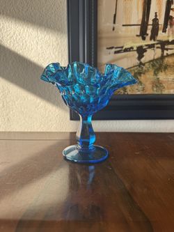 Vintage Fenton Art Glass Colonial Blue Crimped Ruffle Edge Compote Candy Dish 6"