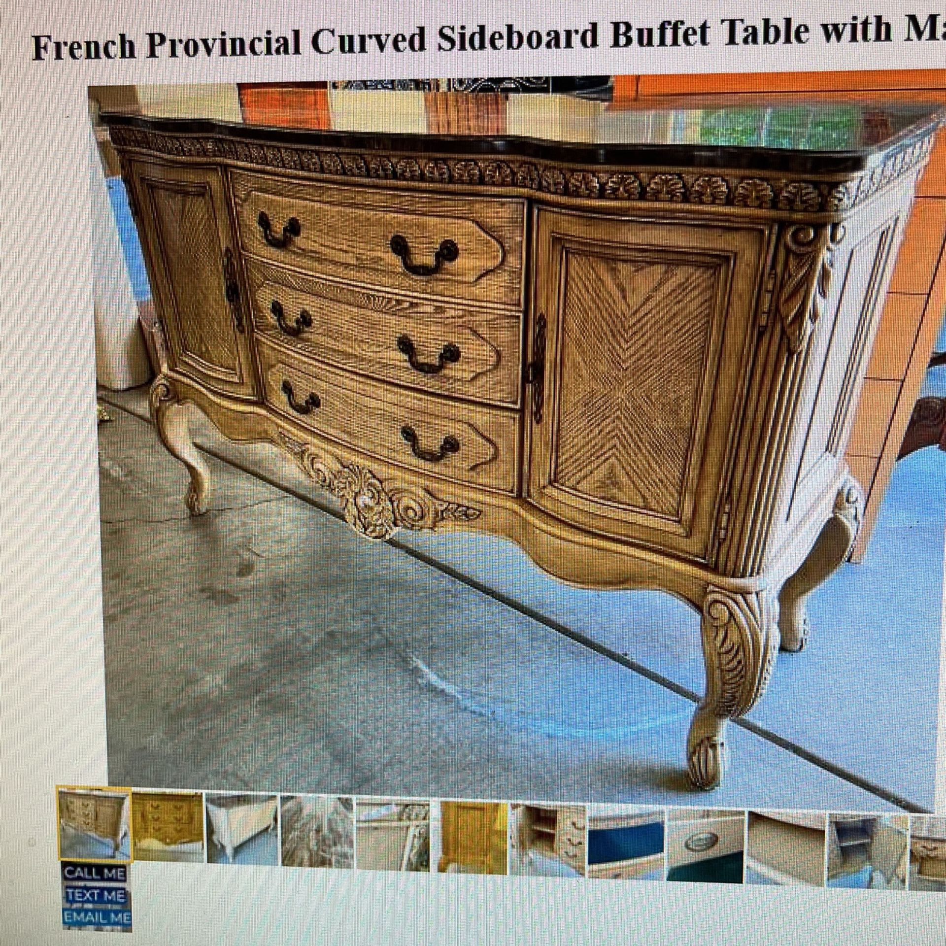 French provincial curved sideboard buffet table with marble top
