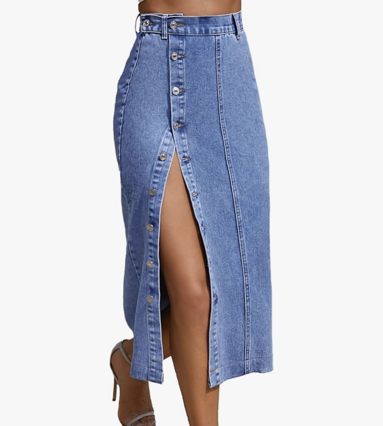 Women's Button Front Split Denim Midi Skirt High Waist Slim Fit Pencil Skirt Size Small