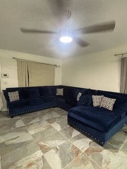 Navy Blue Velvet Sectional Sofa with Ottoman