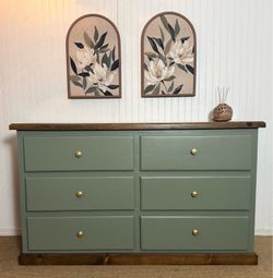 Beautiful Solid Wood Dresser - Sage Green with Natural Stained Wood Top & Base