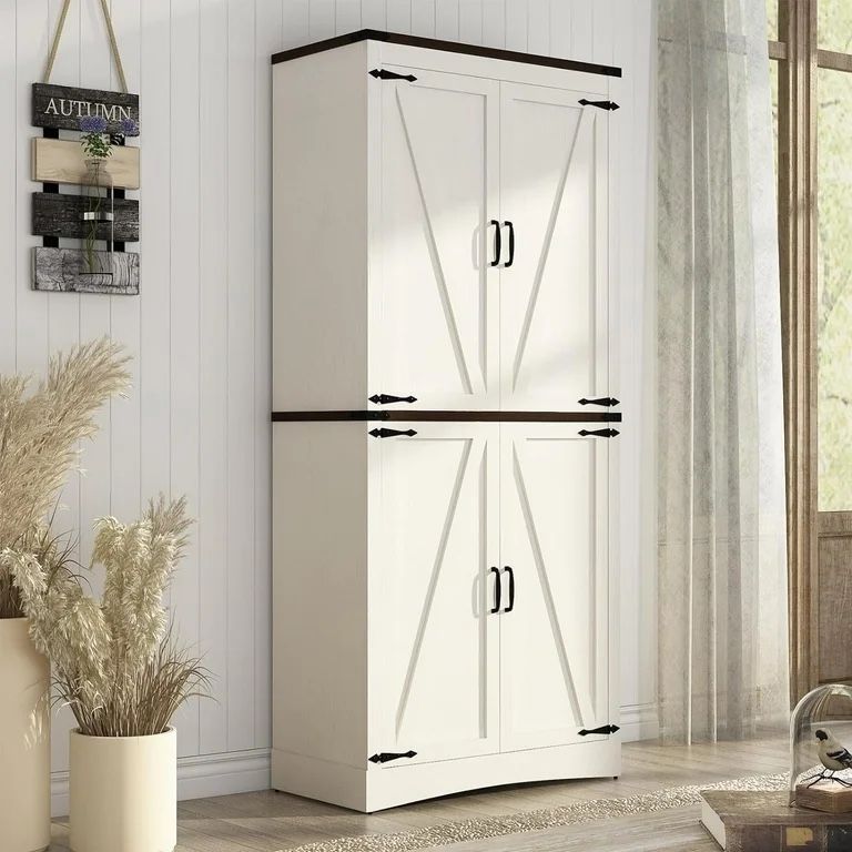 71" Tall Farmhouse Kitchen Pantry Cabinet, 5 Layers Storage Cabinet with Adjustable Shelves, Farmhouse Pantry Cabinet with 4 Barn Doors for Kitchen, D