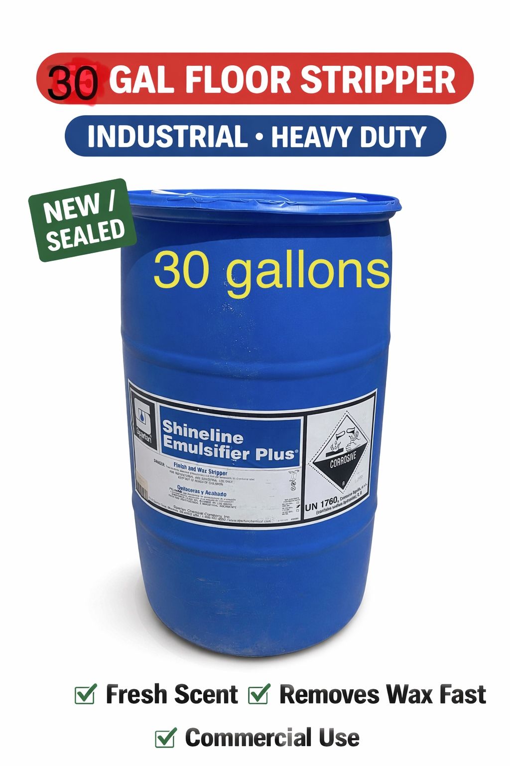 โHi everyone, we have this 55 gallon Shineline floor stripper, heavy duty, fresh scent, perfect for commercial jobs. Brand new sealed. Message me if i