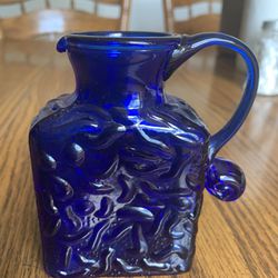 Vintage Art Glass Cobalt Blue Pitcher Jug Bottle,Hand Blown Applied Handle 4.5”
