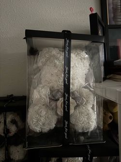 Artificial Rose Flower Bear, White and Silver