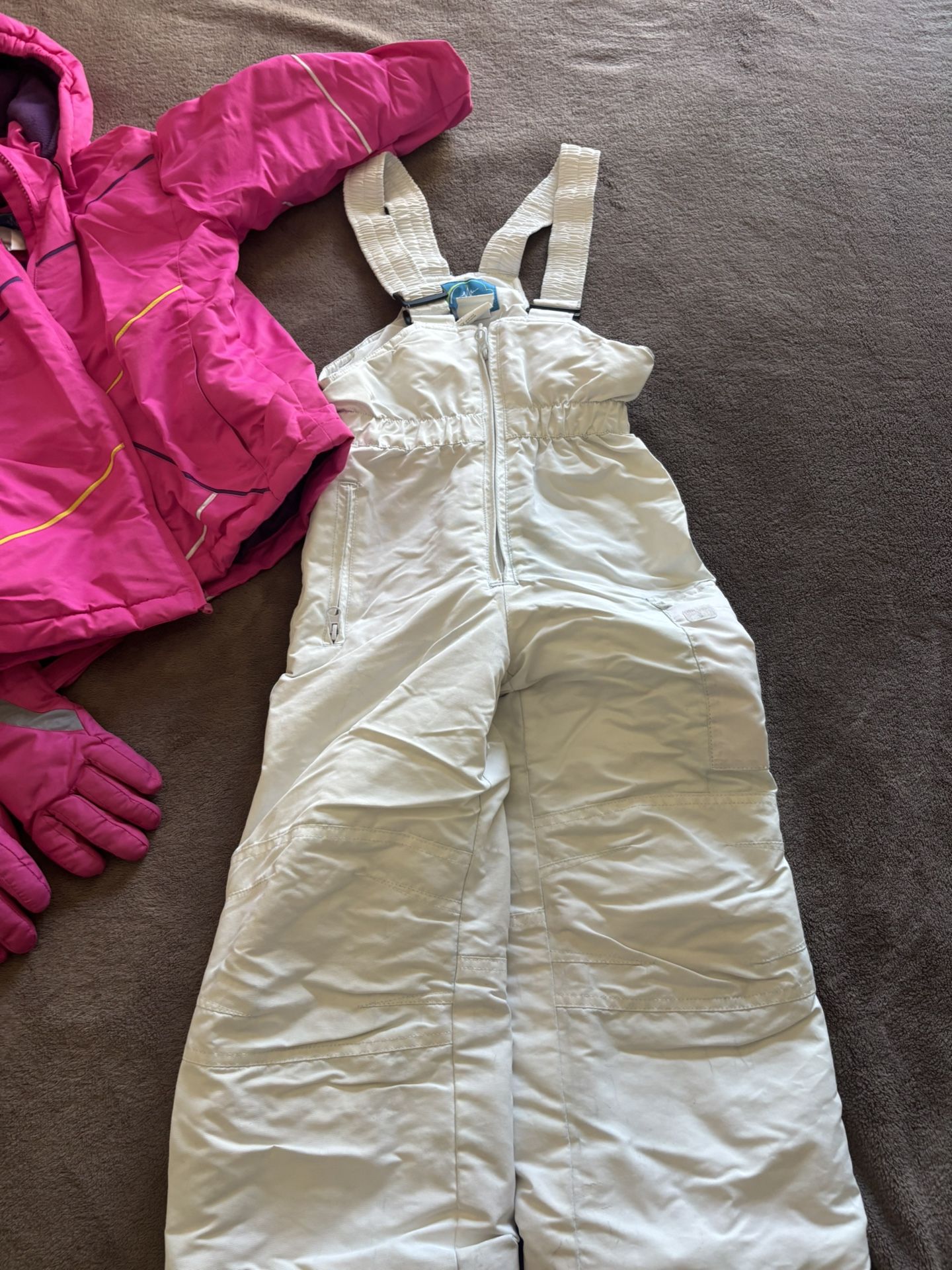  Kids Pink Winter Jacket, White Snow Pants & Gloves 4-5T