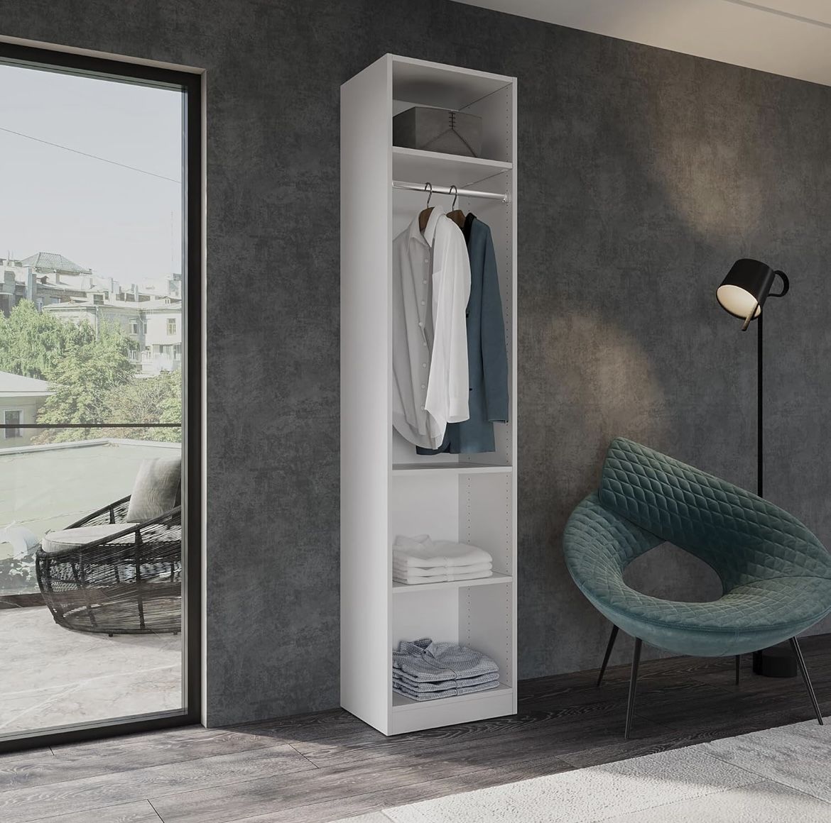 JY Furniture Armoire Wardrobe Closet, Particle Wood with Adjustable Shelves, Hanging Rod for Bedroom, Dressing Room, White (19.5" W x 85" H x 15" D)