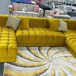 New/ Yellow Velvet Double Chaise Sectional, Large Seccional, Couch 