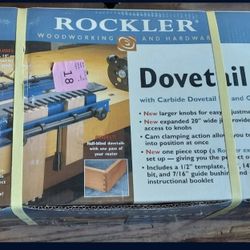 Rockler woodworking and hardware dovetail jig with carbide dovetail bit and guide bushing