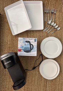 Kuerig, tea kettle  , white plates, silverware , platters bundle