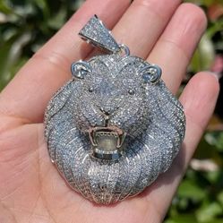3-Pcs Fully Iced 14K White Gold-Plated Cubic Zirconia Paved Lion Head Pendant W/20-24 Inches Miami Cuban Necklace & Bracelet Set 