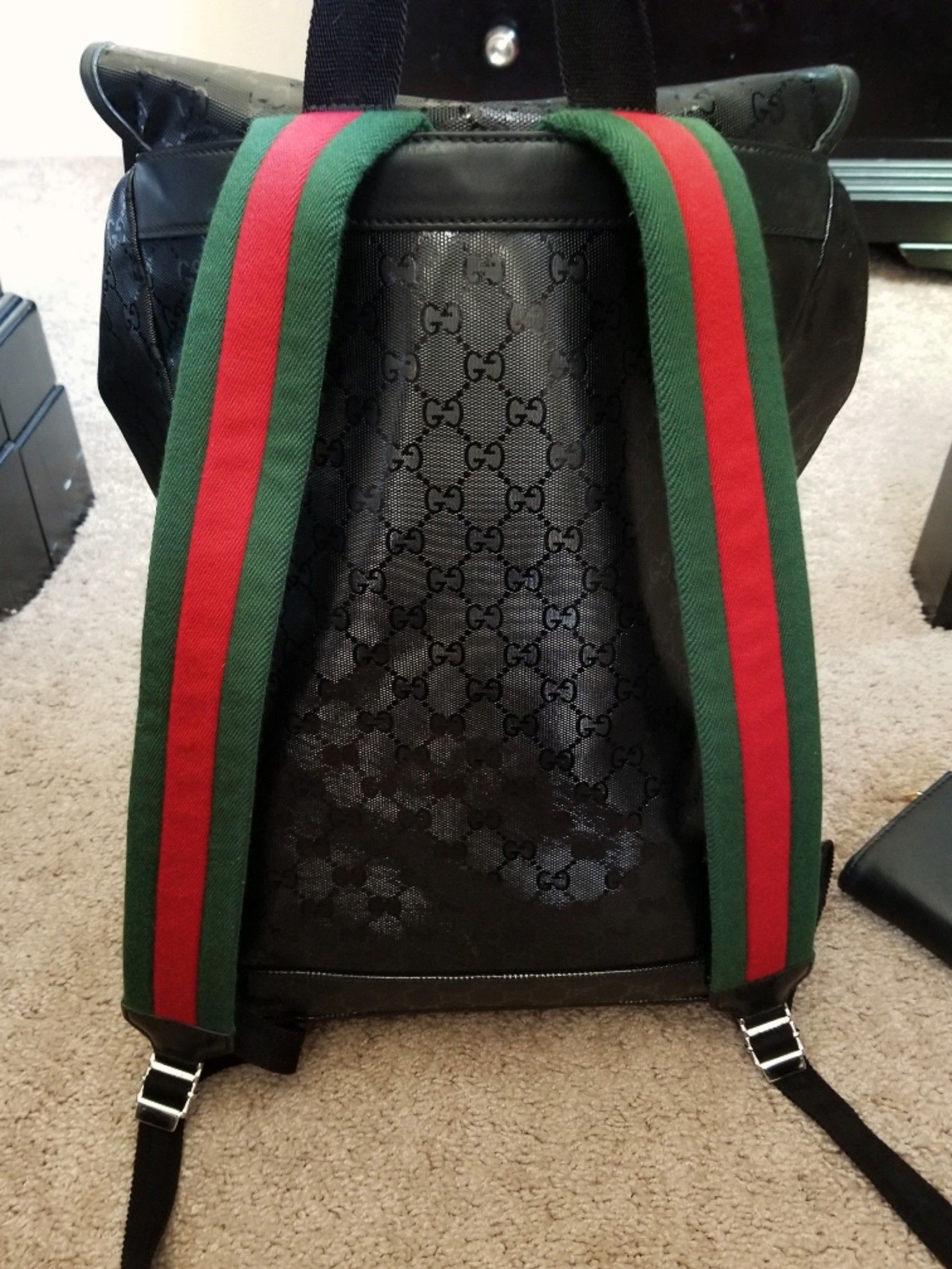 Authentic GUCCI limited edition imprime monogram black unisex backpack with padded green and red shoulder straps. Excellent condition for Sale in