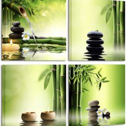 4 Panel Stretched Contemporary Zen Canvas Prints Perfect Bamboo Green Pictures on Canvas Wall Art for Home Office Decorations Living Room Bedroom