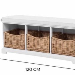 White Storage Bench with Wicker Baskets