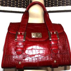 MAXX New York Luxe Red Croc-Embossed Cowhide Leather Satchel Business Office Bag