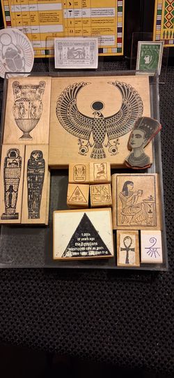 Vintage Egyptian Rubber stamps plus 24 Hieroglyphs rubber stamps with book