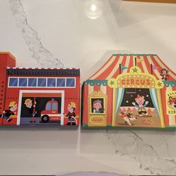 Janod Wooden Fire station, Hospital, Circus, and Circus Train Sets