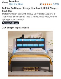 Full Size Bed Frame, storage headboard, LED &charger, Black Oak w/ full size mattress