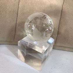 World Crystal Glass Sphere , Nicely Detailed On Clear Acrylic Block Base, New Condition , Office , Desk , Shelf , Nice Addition 