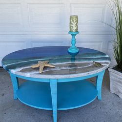 Oval Coffee Table Hand Poured Non Toxic Resin Ocean Scene 