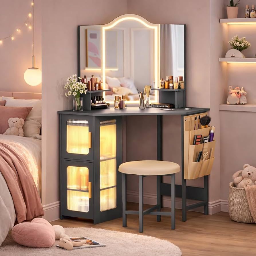 Corner Makeup Vanity Desk with Mirror and Lights, Dressing Table with Charging Station, Makeup Table with Stool, Storage Cabinet and Adjustable Shelf,