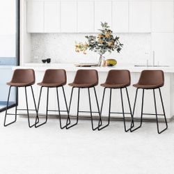 Counter Height Bar Stools Set of 5. Brown Barstools with Back Support 26 Inch Faux Leather Bar Stools for Kitchen Island Counter Height Bar Chairs wit