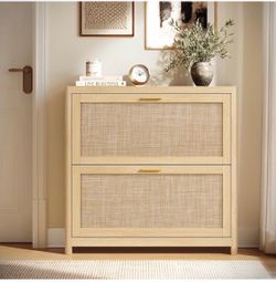 Rattan Shoe Cabinet with Two Flip Drawers