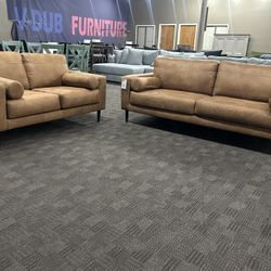 Modern Camel Faux Leather Sofa Set 