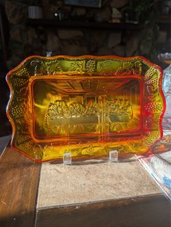 Vintage Indiana Amber Glass Last Supper Decorative Bread Tray