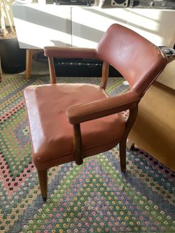 Vintage MCM Coral Naugahyde Arm Chair With Teak Wood