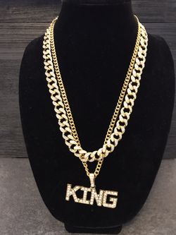 Bling Combo Set/KING Swarovski Glass Crystal Necklace and Hip Hop Iced Out Full Pave Gold CZ Necklace