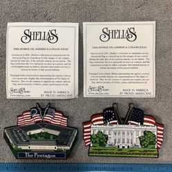 CA. WOOD ORNAMENTS . PENTAGON &  AMERICA THE BEAUTIFUL WITH FLAGS. $12.00 EACH.