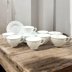Colony Harvest Grape Milk Glass 8 Cups & Saucers Set Vintage Indiana Glass