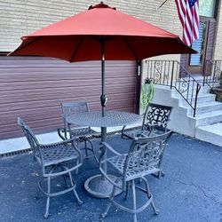 Cast Aluminum Patio Set, 42” Table With 4 Swivel Bar Height Stools, And Umbrella, High End Set,