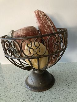 Decorative Metal Scroll Bowl with Faux Fruit