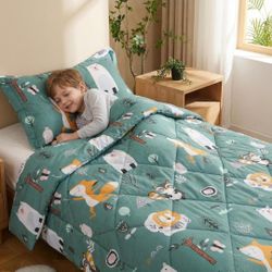 JSD Green Forest Animals Kids Comforter Set Queen Size, 3 Piece Woodland Printed Microfiber Bedding Set, Machine Washable