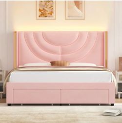 Wingback Velvet Pink Full Size Bed Frame With Drawers