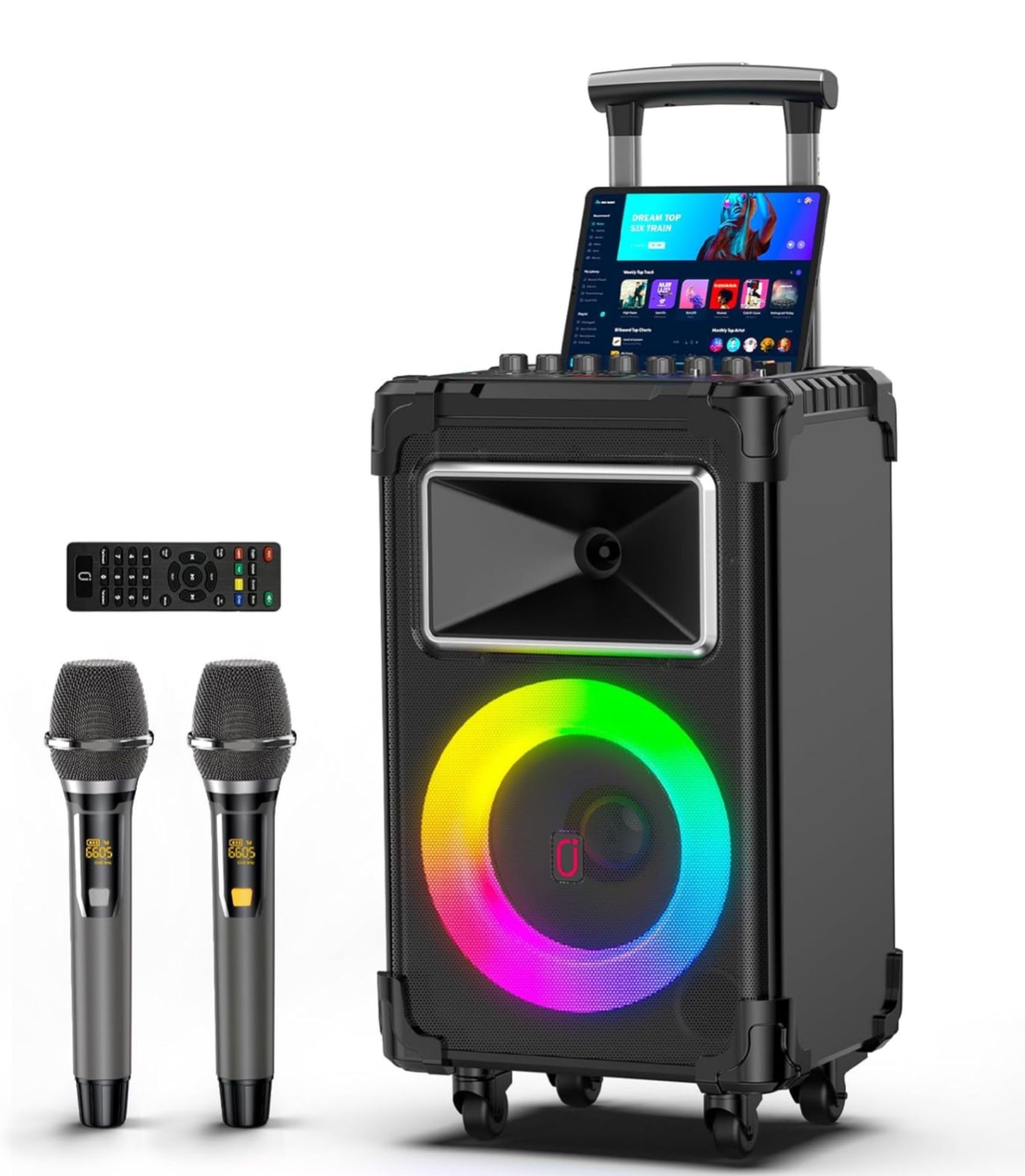 Portable Karaoke Speaker with LED Lights + 2 Wireless Microphones 