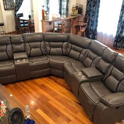 Leather recliner sectional sofa with 2 consoles With Cup holder