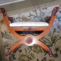 Mid 20th Century Vintage Mahogany Slipper Bench Footstool With Figural Handles