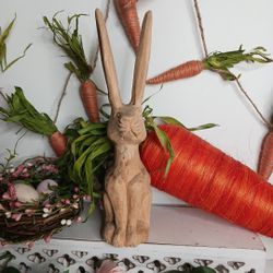 Vtg Folk Art Bunny Rabbit Hand Carved Wood  Easter Cottontail Primitive Spring 