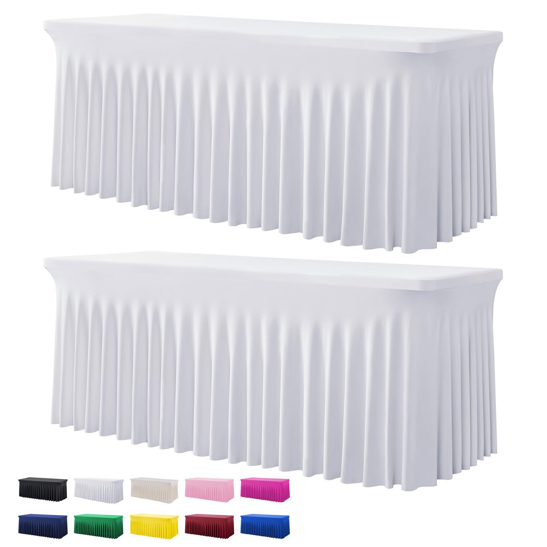 2 Pack White Spandex Table Clothes For 6 Foot Rectangle Tables, Wrinkle Free Fitted Table Cover 6ft Stretch Tablecloths Desk Skirt For Parties Wedding